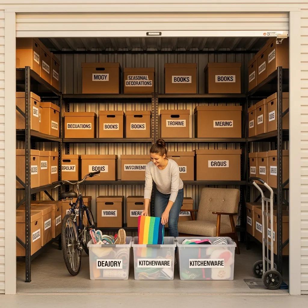 Organized storage unit with labeled boxes and easy access to items, demonstrating practical storage tips