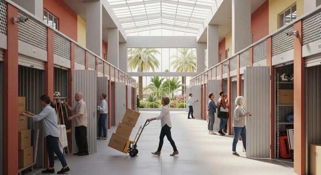 Modern self-storage facility in Spain with various unit sizes and people accessing their belongings