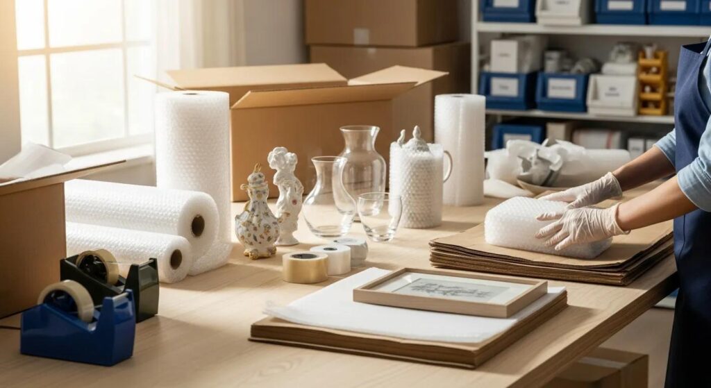 Packing fragile items with bubble wrap and packing paper in a bright, organized setting