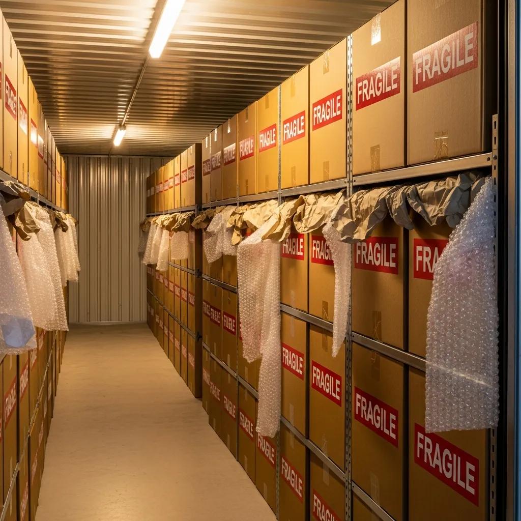 Climate-controlled storage unit with organized boxes labeled 'Fragile', showcasing safe storage practices