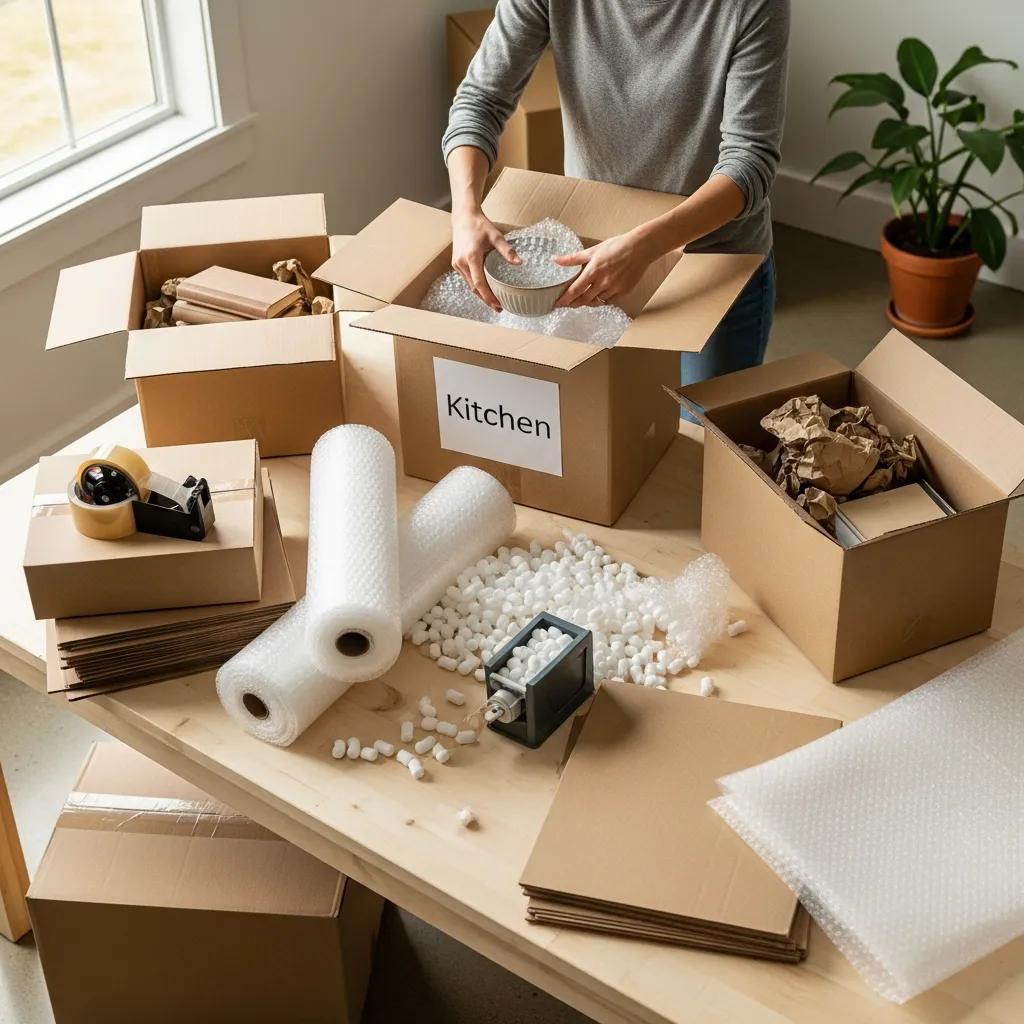 DIY packing materials including boxes, bubble wrap, and packing paper in a bright, organized setting