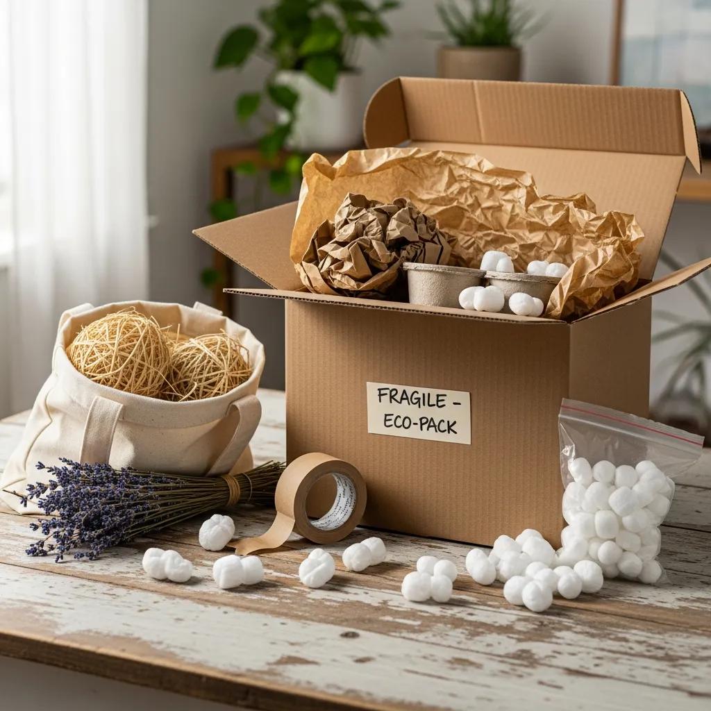 Eco-friendly packing materials including recycled boxes and biodegradable packing peanuts in a home environment