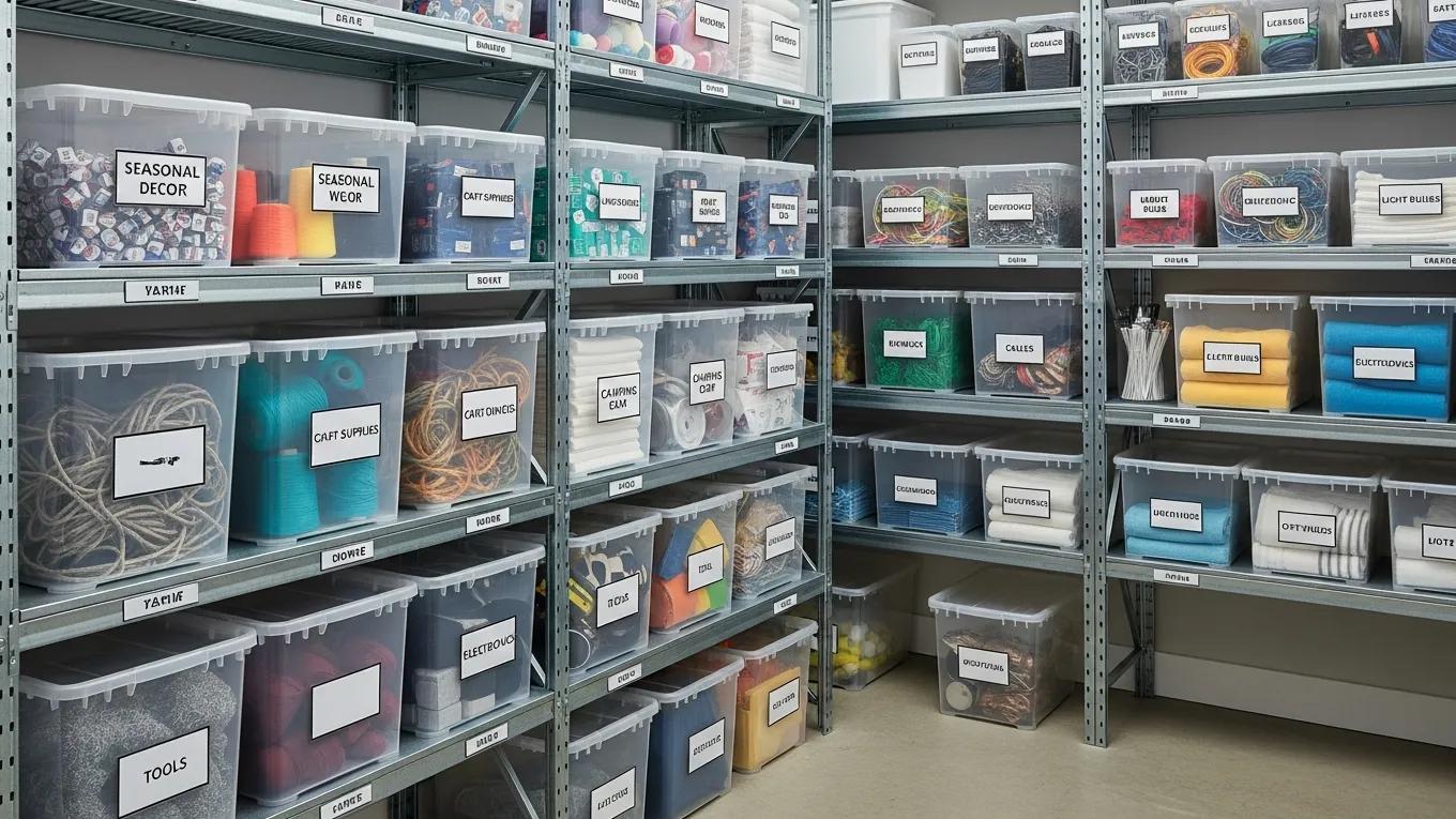 Organized storage area with labeled clear bins on shelves