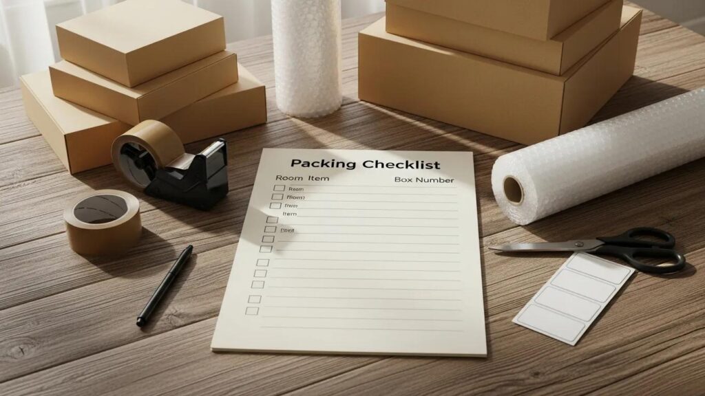 Packing checklist template with packing supplies on a wooden table
