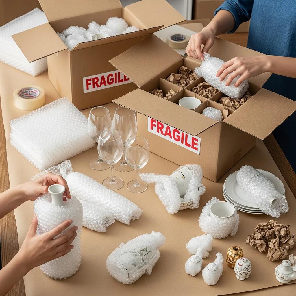 Packing fragile items like glassware with bubble wrap and packing paper in a careful manner