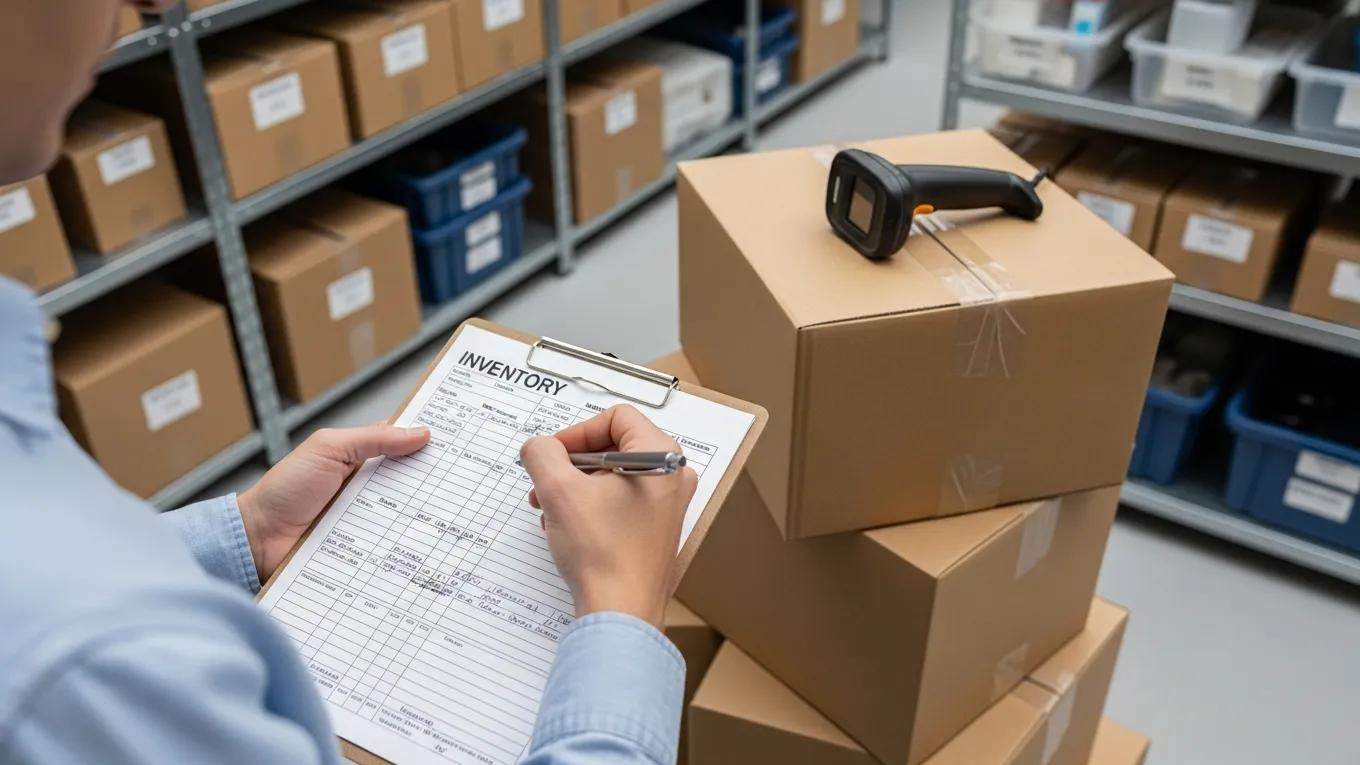 Person filling out an inventory template next to organized storage boxes