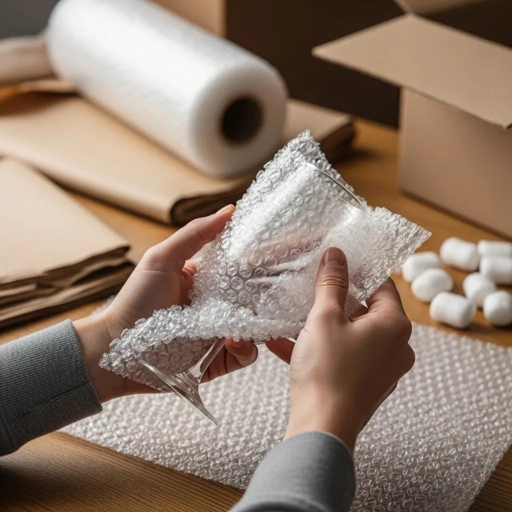 Person wrapping a fragile glass item in bubble wrap, demonstrating safe packing methods