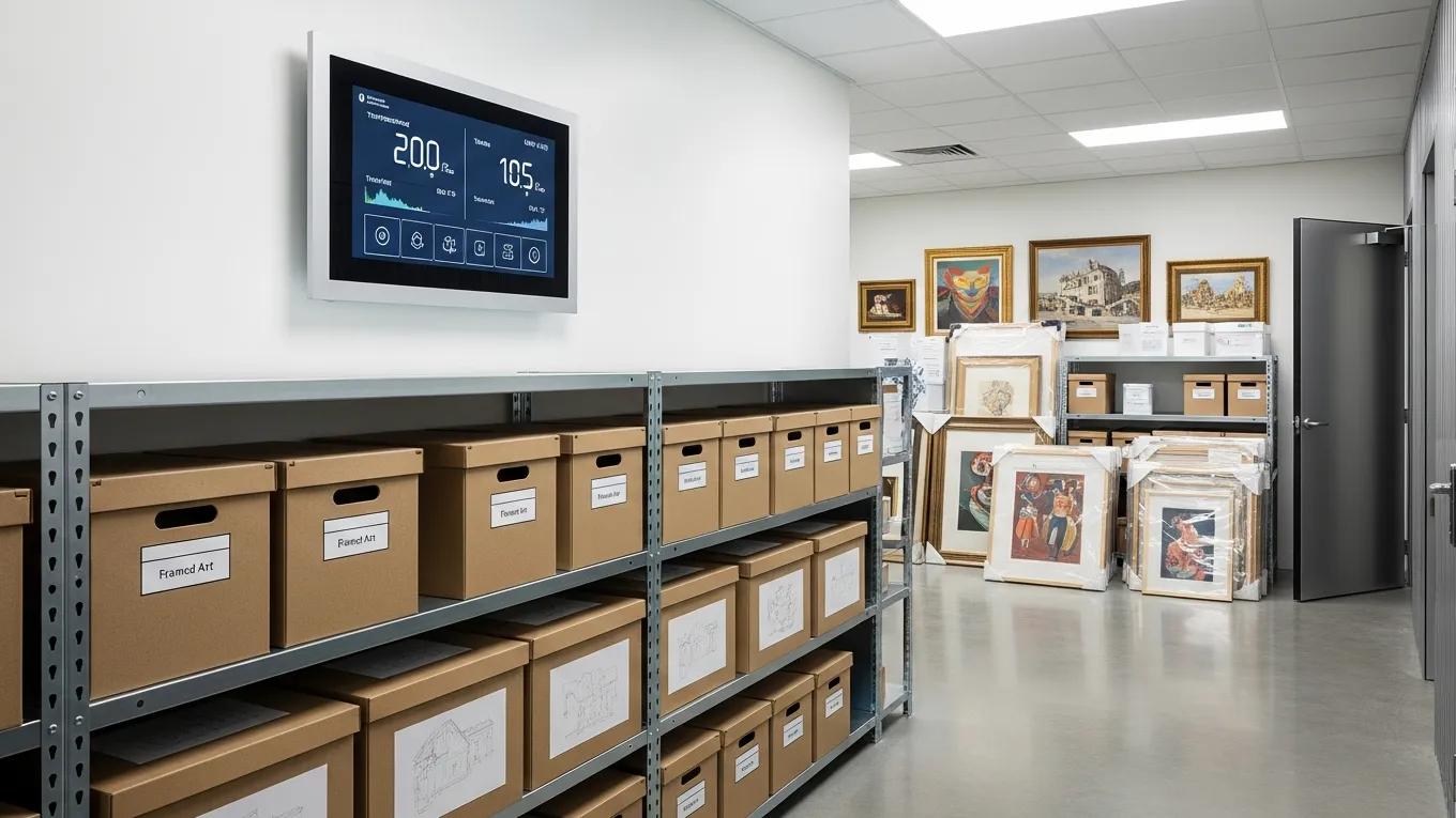 Climate-controlled storage unit for artwork with temperature and humidity control panel