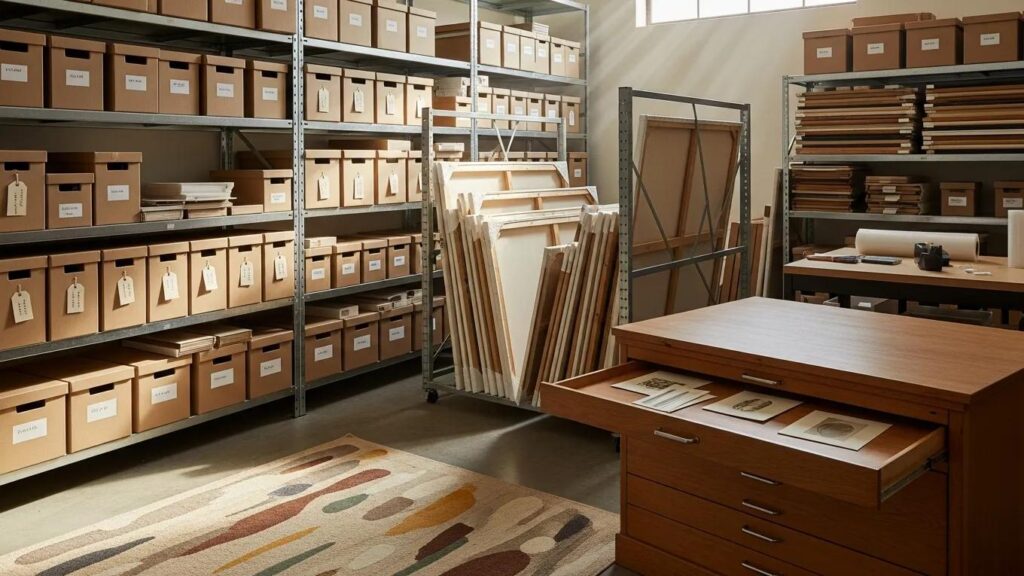 Cozy art storage space with neatly stacked boxes and framed artwork, showcasing safe storage solutions
