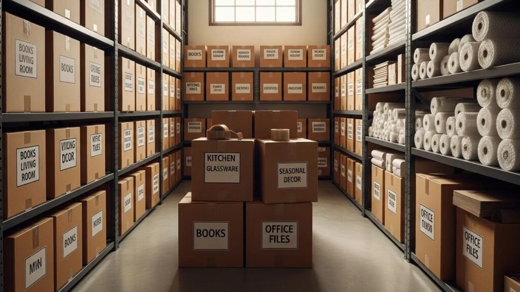 Organized storage unit with packed boxes and packing materials