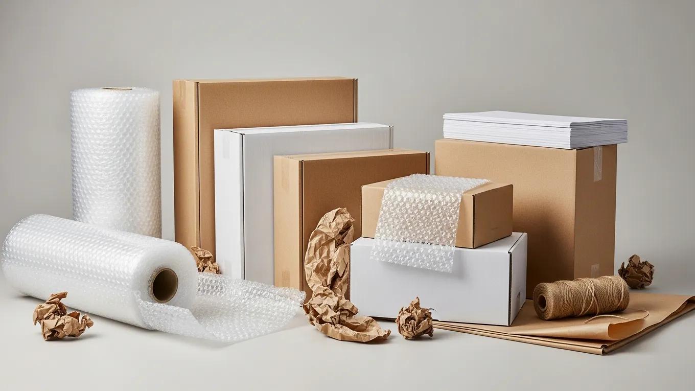 Packing materials including sturdy boxes, bubble wrap, and packing paper