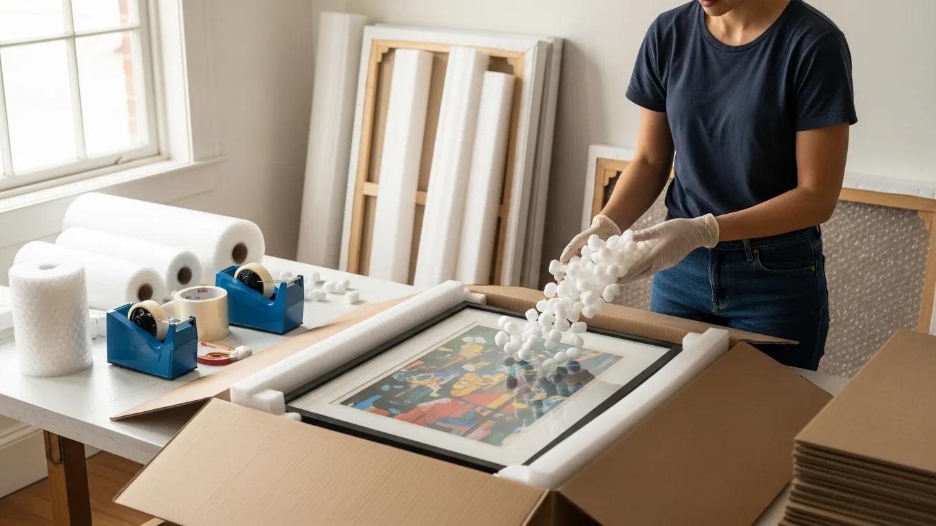 Person cushioning framed artwork with packing peanuts in a well-organized storage box