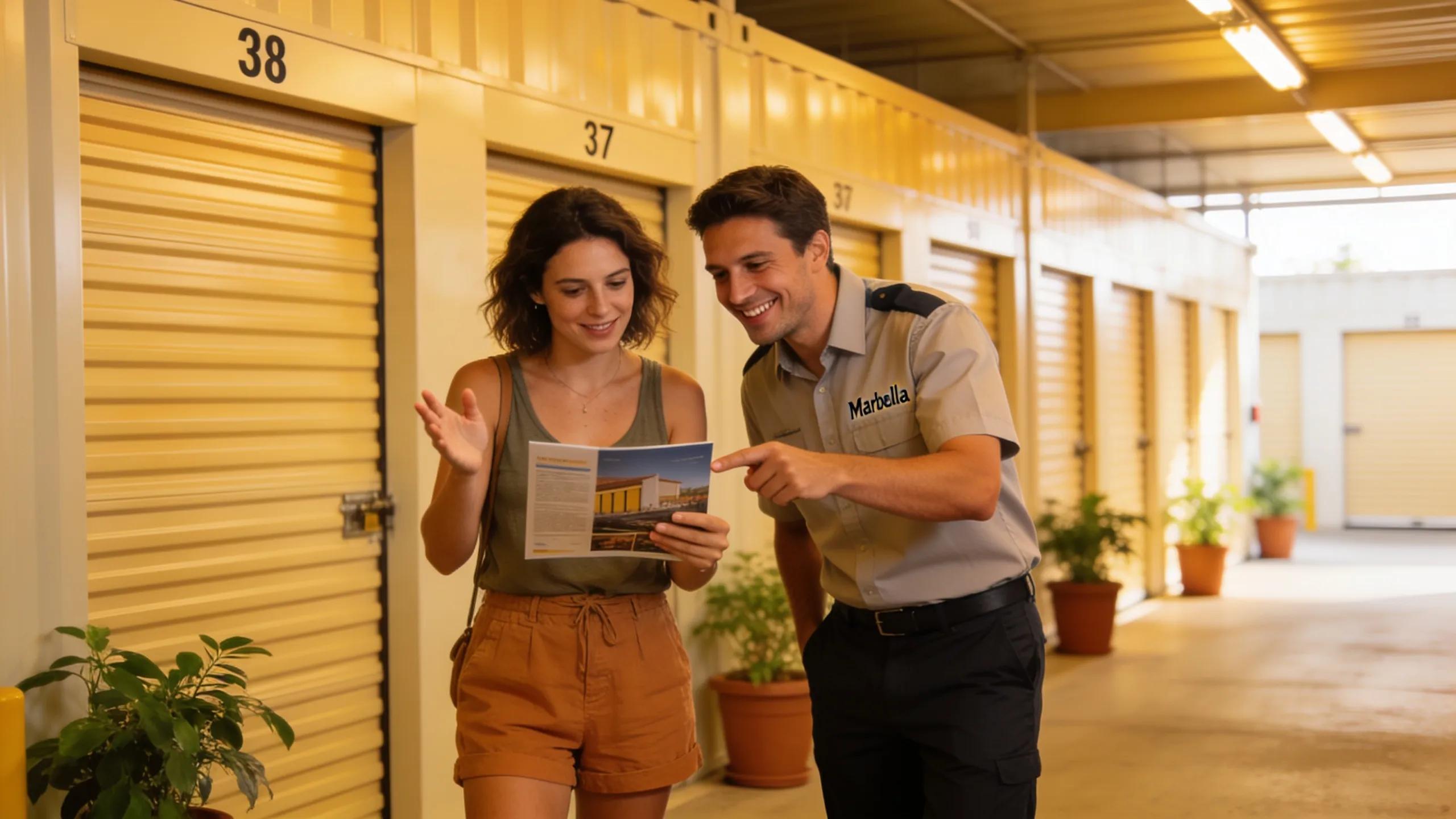 Customer consultation at a Marbella self-storage facility, discussing booking options