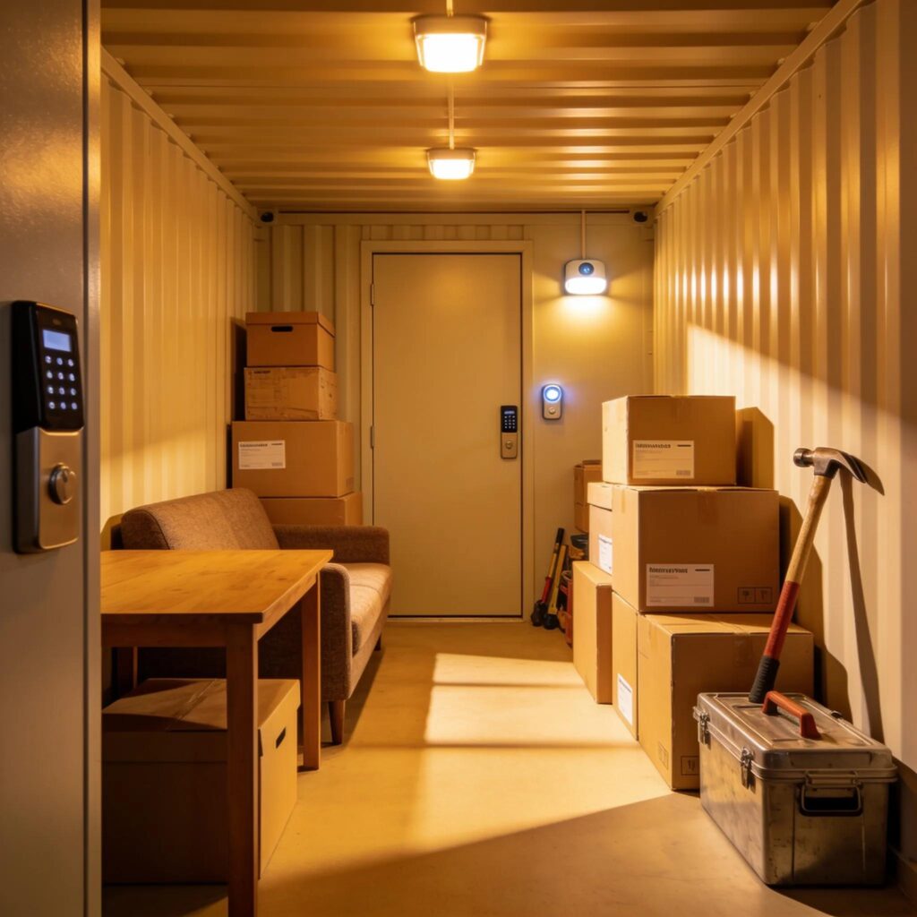 Temporary storage unit filled with neatly organized belongings for moves and renovations