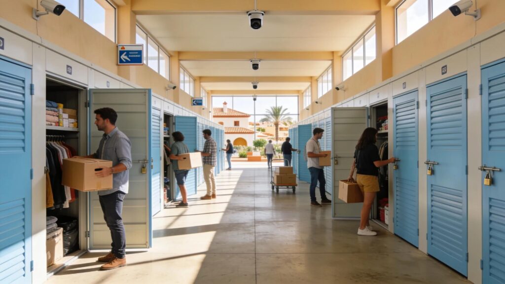 Modern storage facility in Marbella with organized units and individuals accessing their belongings