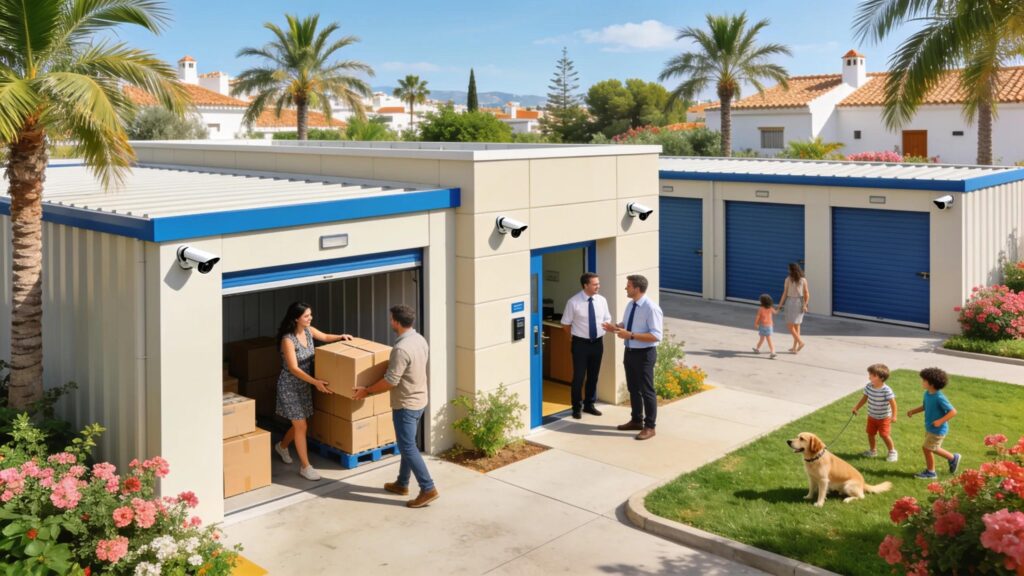 Self-storage facility in Marbella with modern units and people engaging in storage activities